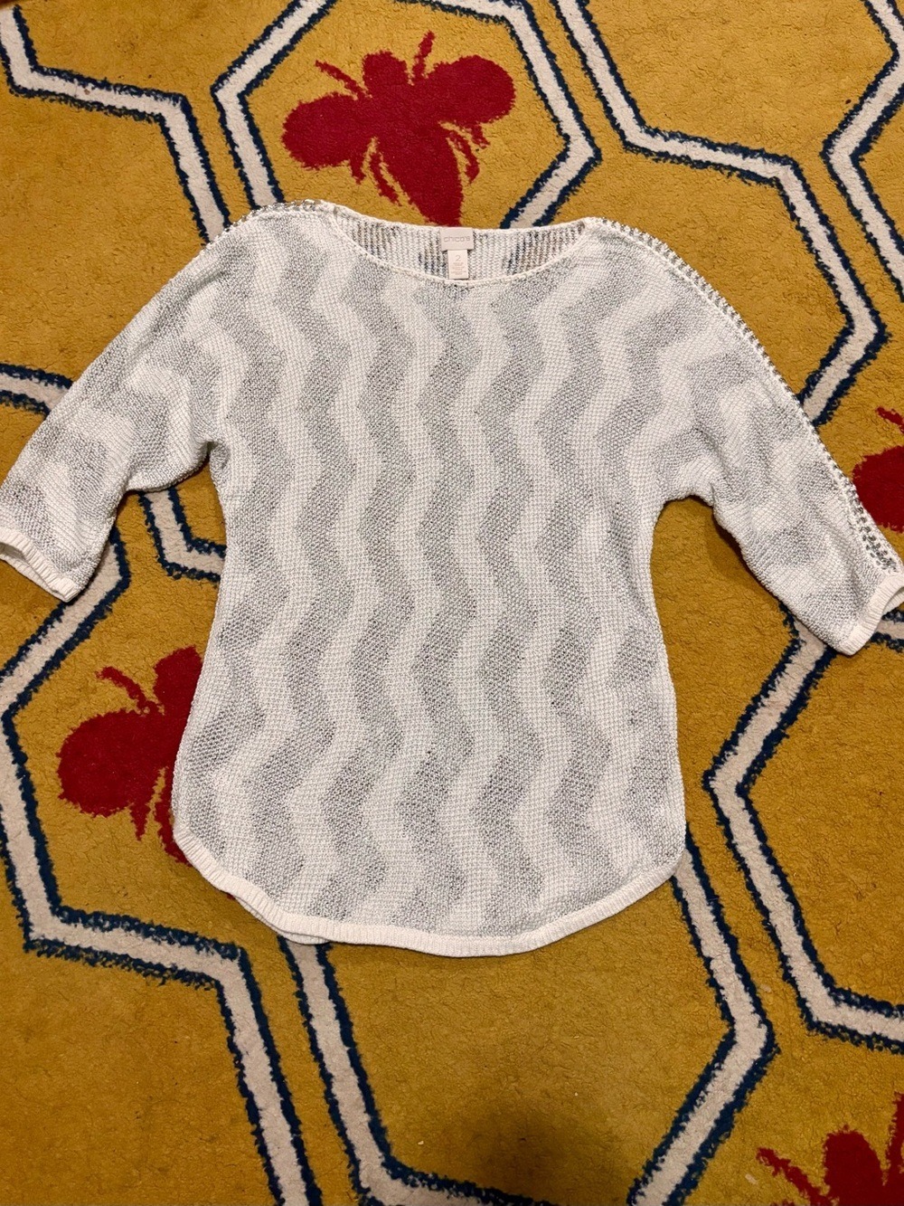 Chico's White & Silver Metallic Chevron Knit Sweater Size 2 (Large)
